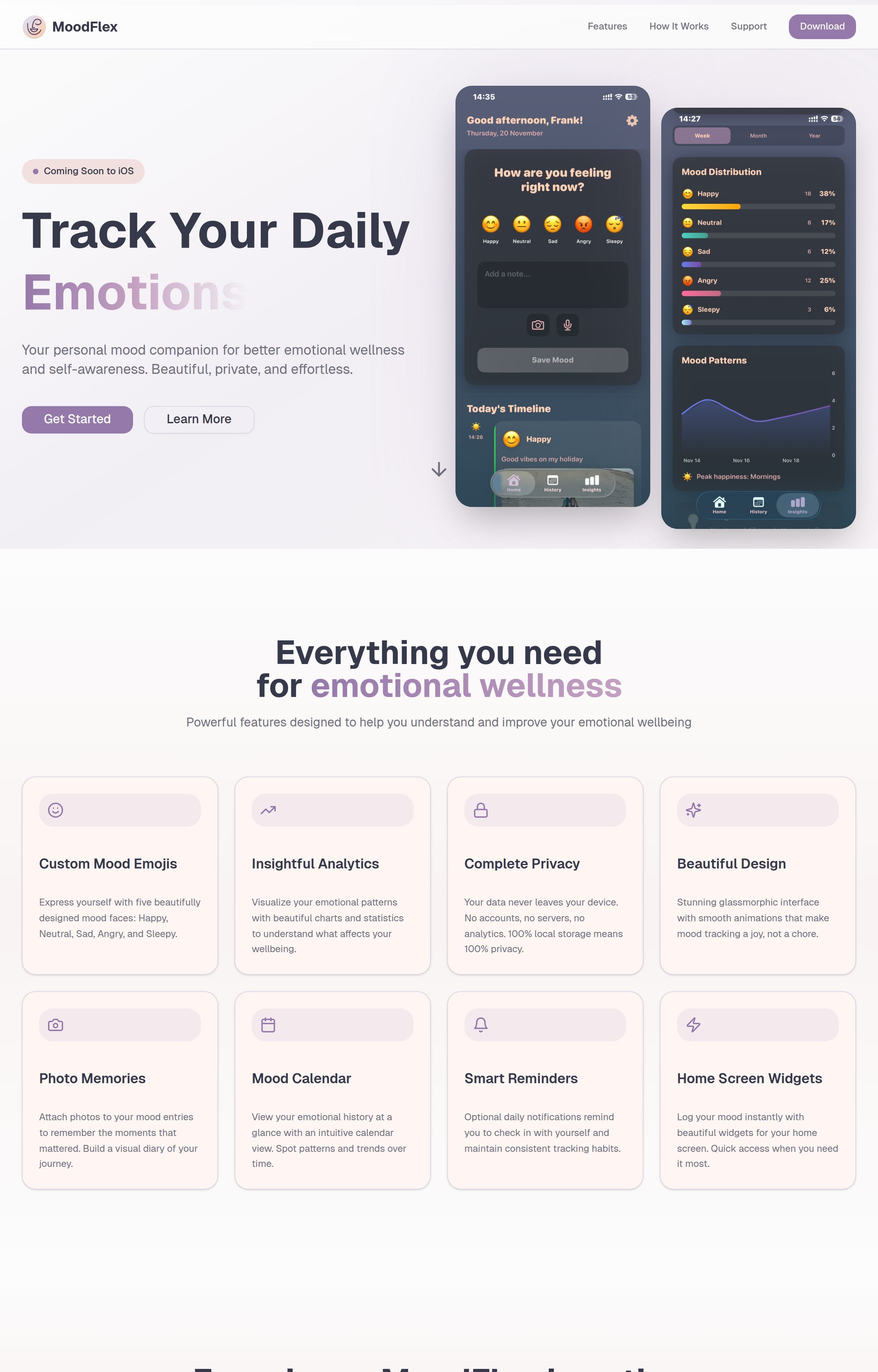 MoodFlex app screenshot showing mood tracking interface