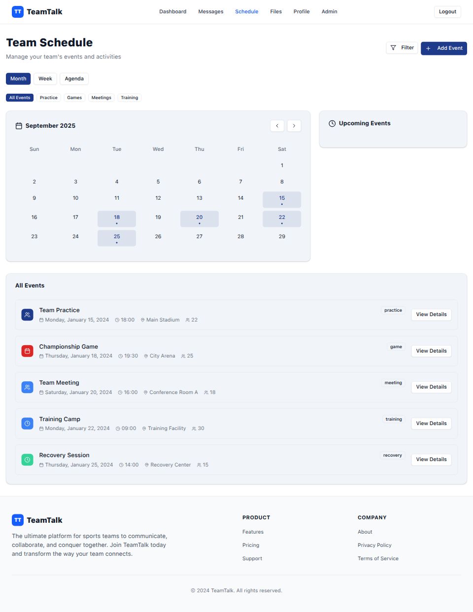 Schedule Interface showing monthly calendar with team events and practices